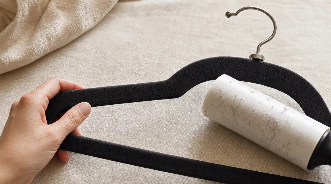 Close-up of velvet hanger surface showing fine pile texture next to a lint roller with a few velvet fibers visible