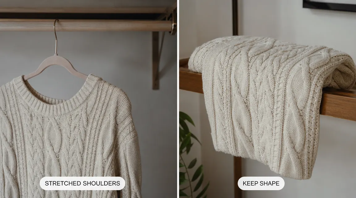 Side-by-side of a chunky knit sweater draped on a velvet hanger showing shoulder stretch marks versus the same sweater folded over a shelf bar