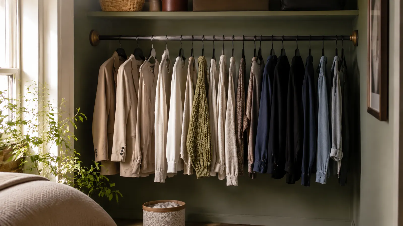 Open closet rod showing velvet hangers with a mix of knitwear, blazers, and silk tops, morning light, organized apartment bedroom