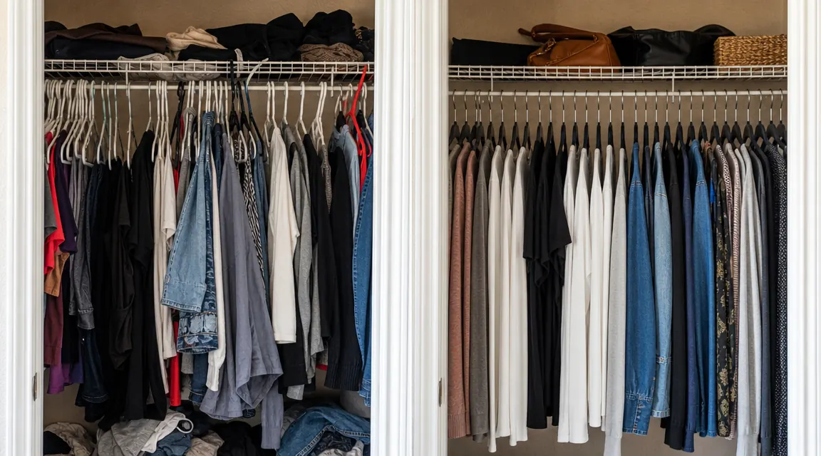 A before-and-after split of a messy closet with mismatched plastic hangers on the left and the same closet organized with uniform velvet hangers on the right