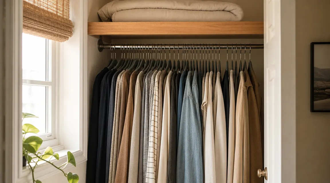 A tidy reach-in closet with clothes on slim velvet hangers, warm morning light, wooden shelf above