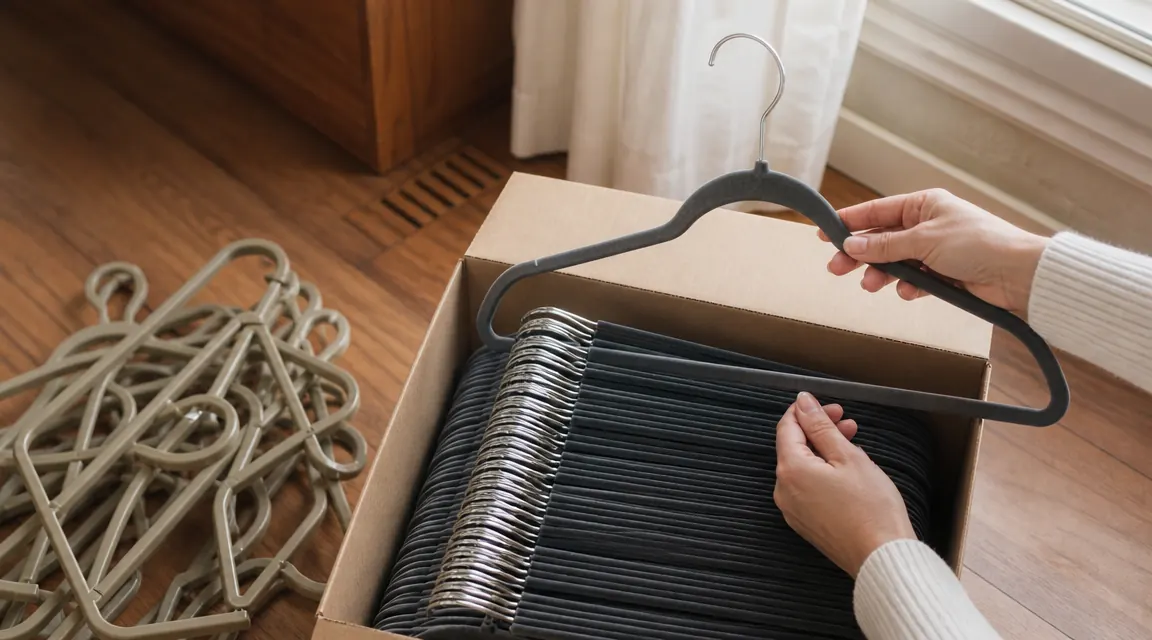 Box of 100 Our Modern Space velvet hangers on a wood floor next to a small pile of discarded plastic hangers