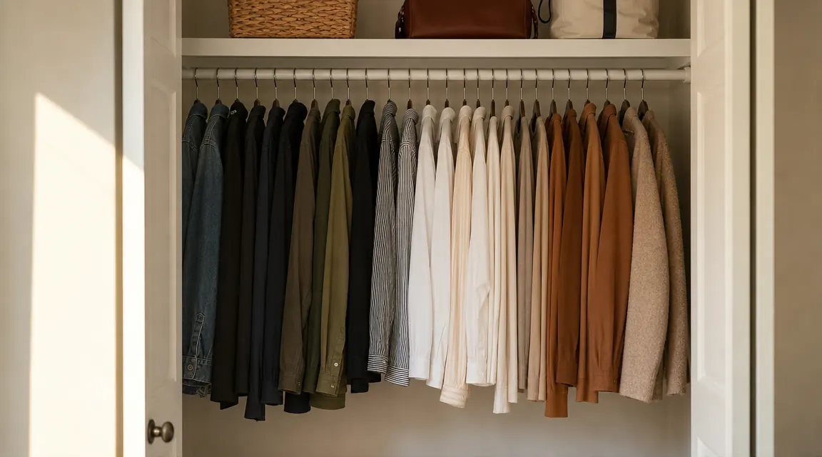 Organized rental bedroom closet with slim velvet hangers on a single rod, soft morning light through a window