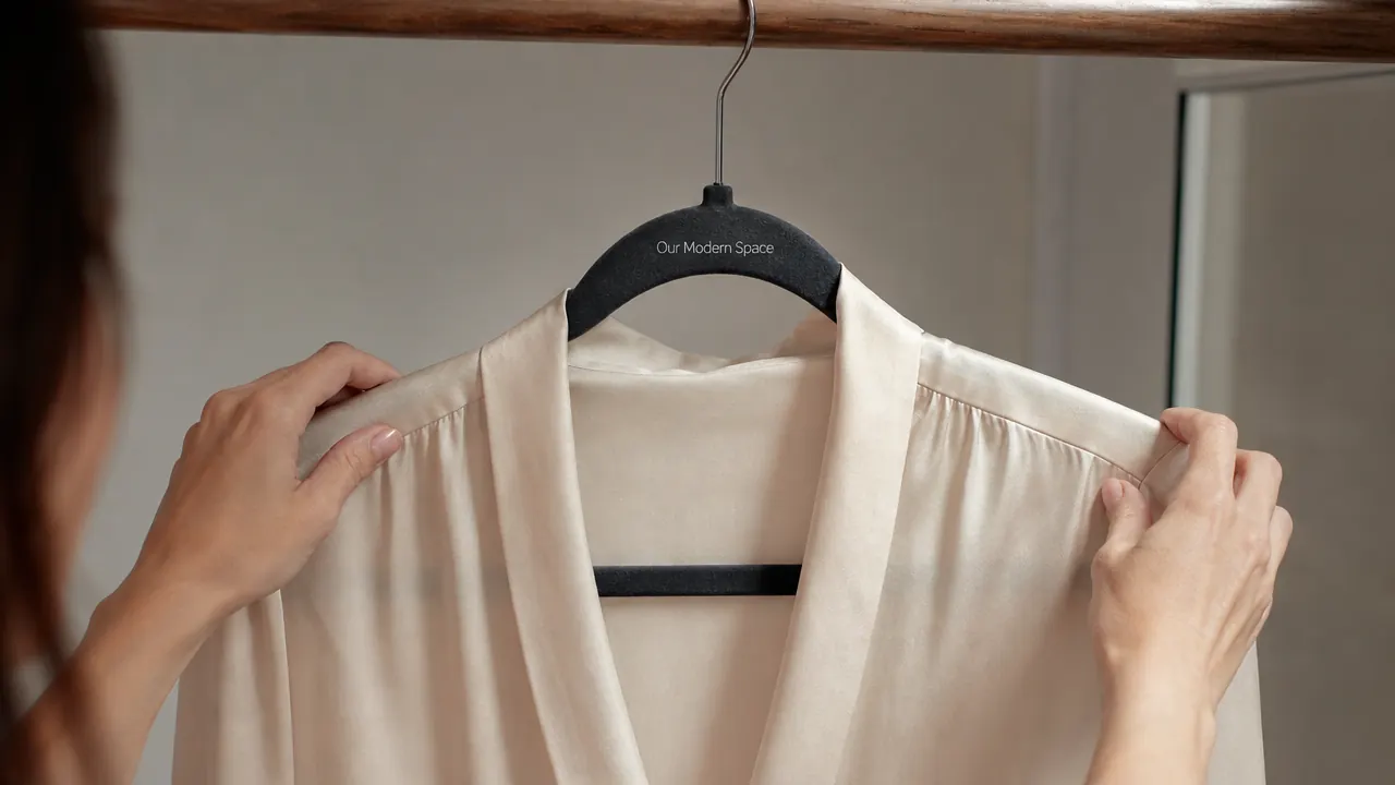 Velvet hanger holding a delicate satin blouse with no shoulder bumps or slippage