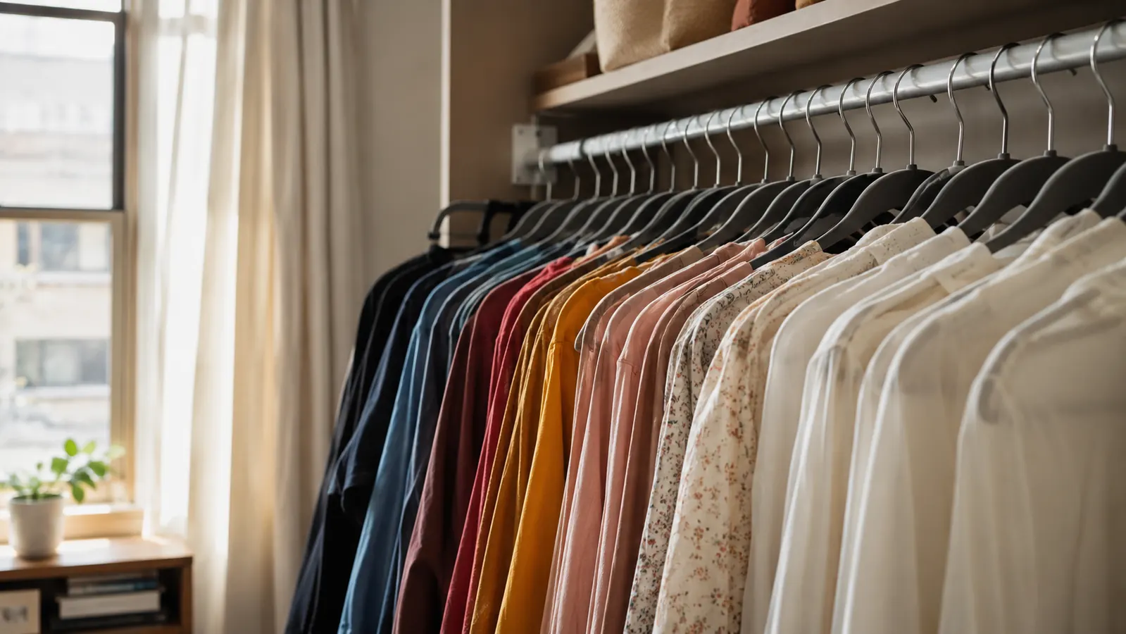 A well-organized closet rod with slim velvet hangers holding blouses and jackets in a warm neutral bedroom